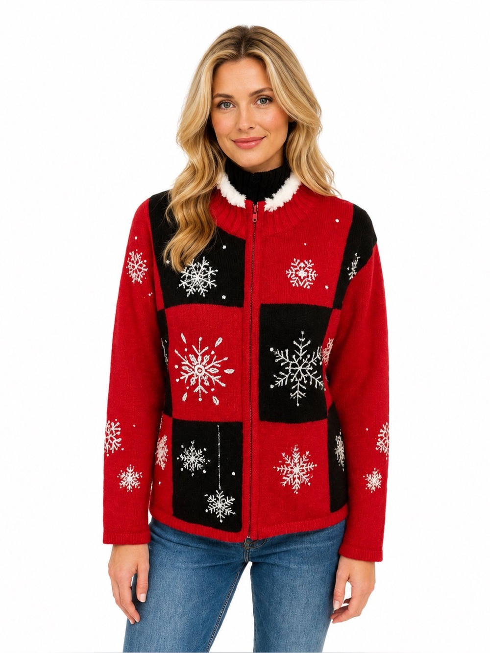 Vintage Y2K Tiara International Snowflake Zip Cardigan Red Black Beaded M